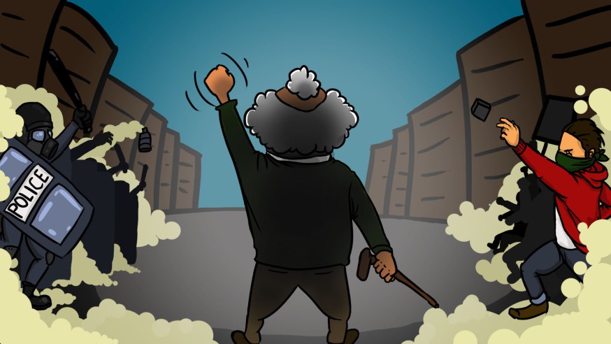 Concept art for our game; Aggressive Bystander