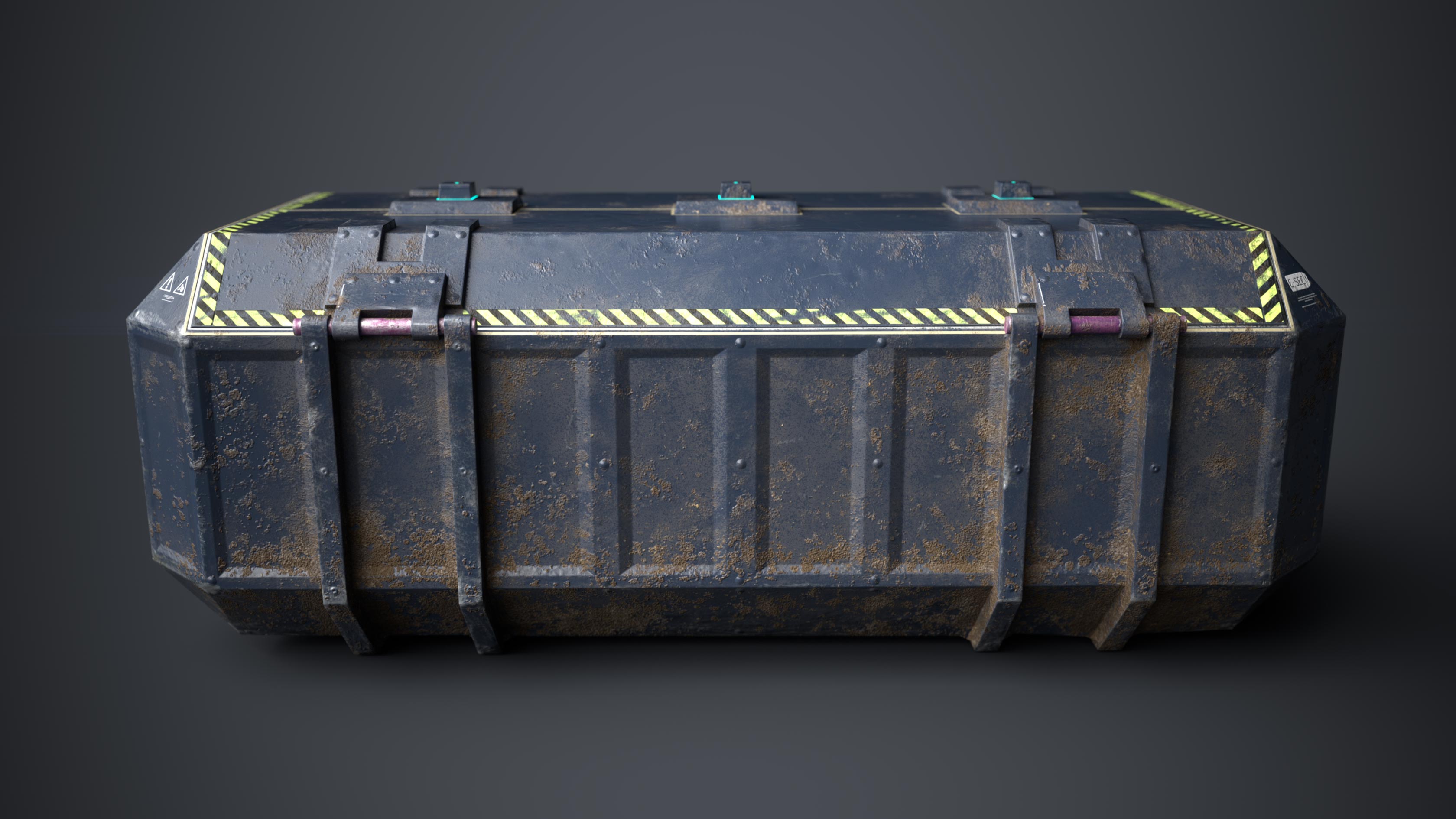3D Sci fi crate or container model for video games. This is a side view rendering of a game object in form of a sci fi crate. It shows a beaten and dusty box with a biometric opening system. It has 1098 triangles and a PBR texture and it is created by Thom Hujanen a university educated video game designer and artist.