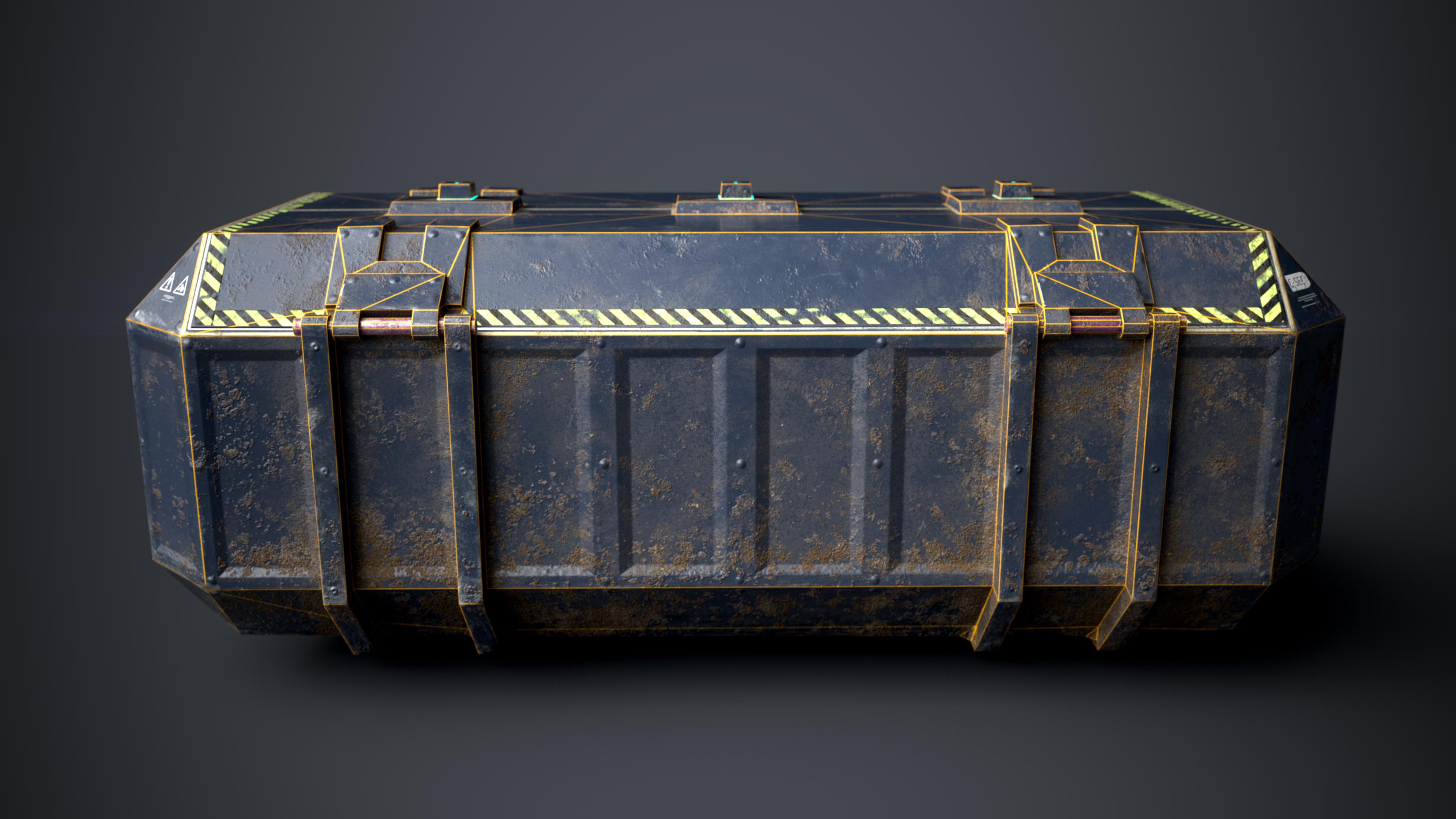 This is a side view of a 3D sci fi crate model a video game asset for futuristic game worlds. The image shows the container's polygon flow or wireframe. The 3D game object has 1098 triangles and is created by Thom Hujanen a university educated video game designer and 3D artist.