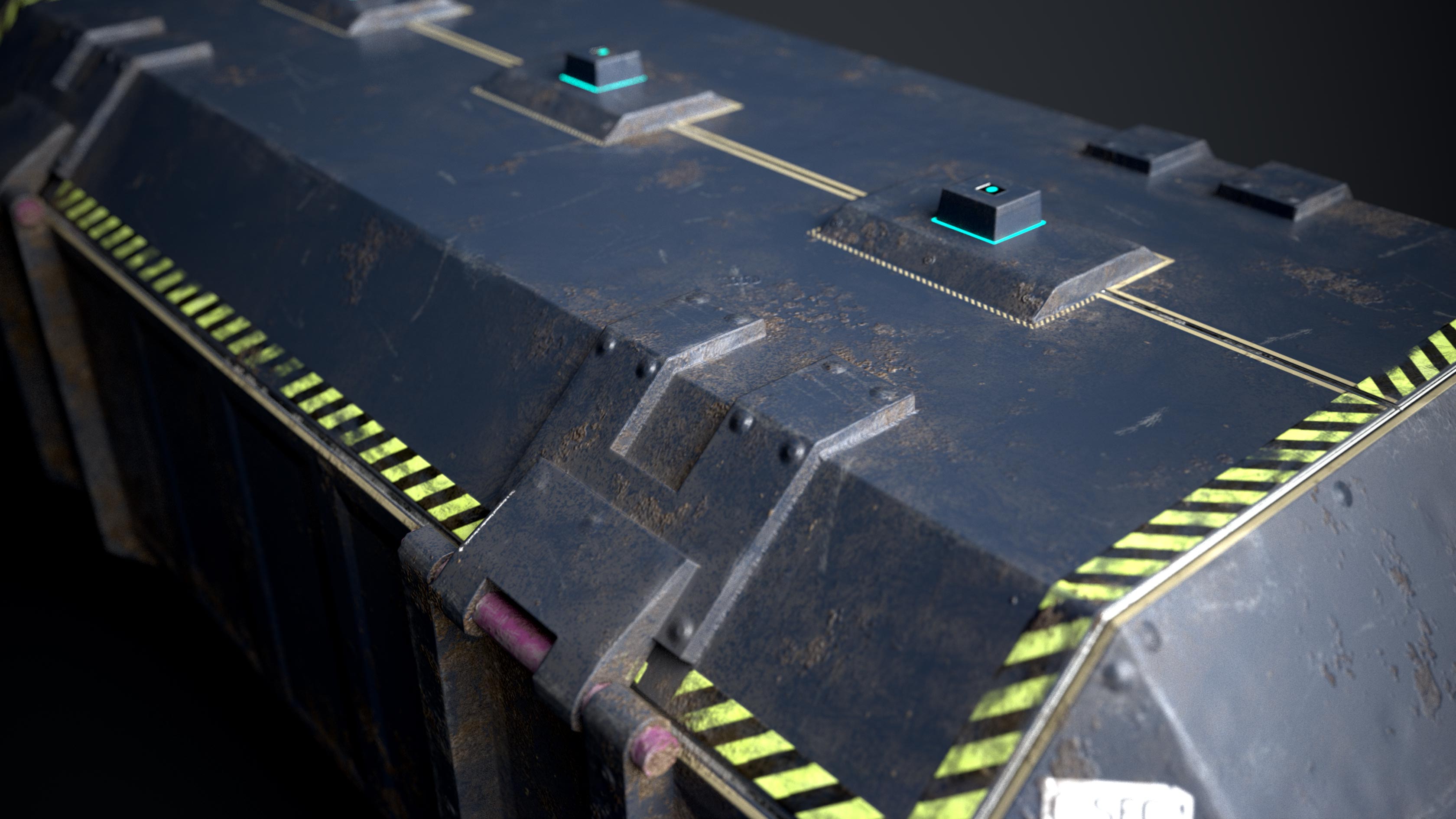 This is a close up rendering of a sturdy but beaten blue and dirty 3D Sci fi crate or container with biometric technology. It is a 3D game model with 1098 triangles and a PBR texture. This render shows the opening mechanism of the 3D sci fi crate. It is created by Thom Hujanen who is a university educated game designer and 3D artist.