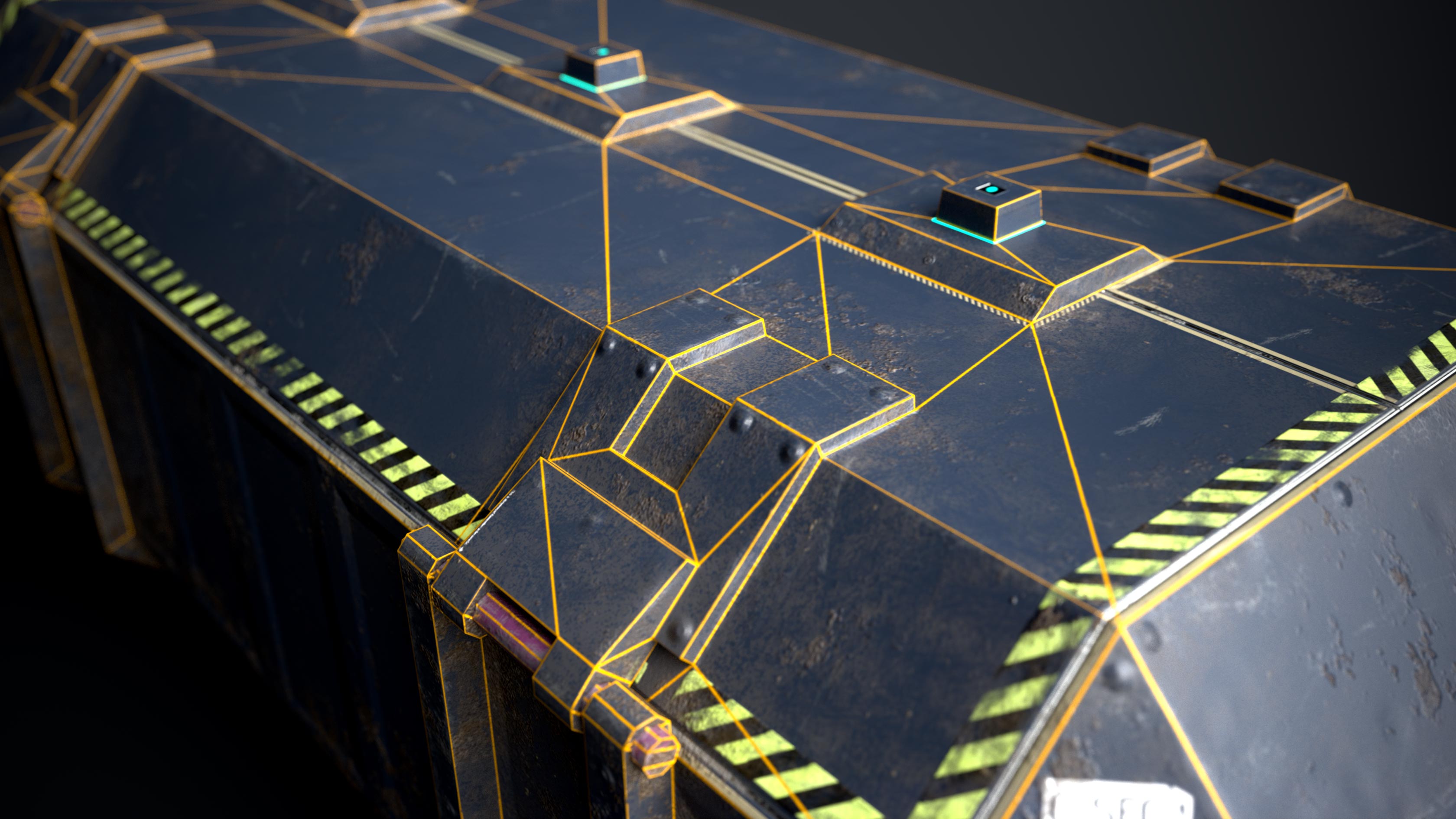 This is a blue 3D game sci fi crate or container that is sturdy but beaten and dirty. The rendering shows a close up of the sci fi box with its wireframe, polyflow or polygon flow visible.