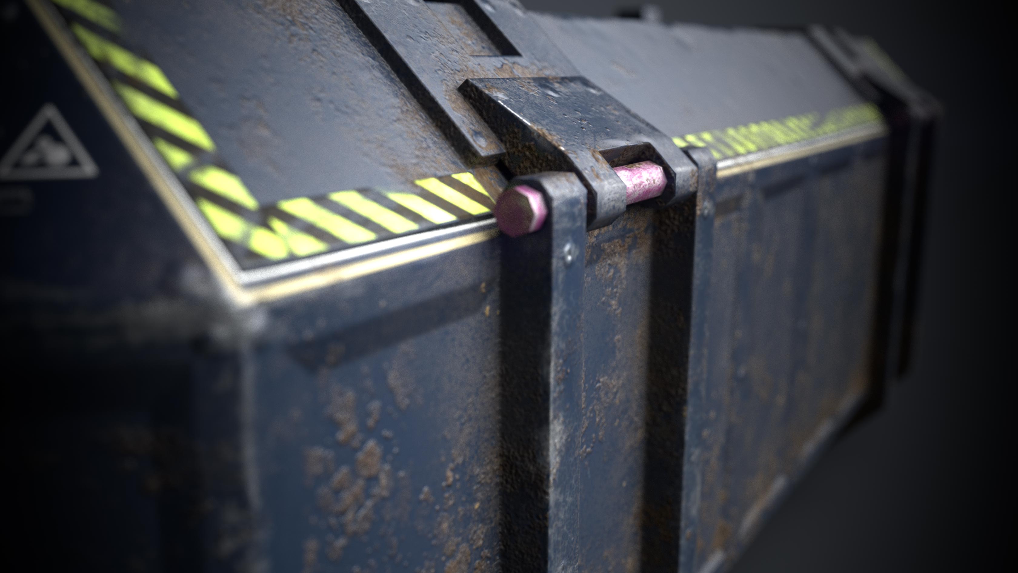 This is a close up rendering of te side of a sturdy but beaten blue and dusty 3D Sci fi crate or container with biometric technology. It is a 3D game object with 1098 triangles and a PBR texture. The rendering shows a close up of the hinges that opens the 3D sci fi crate. It is created by Thom Hujanen a university educated game designer and 3D artist.