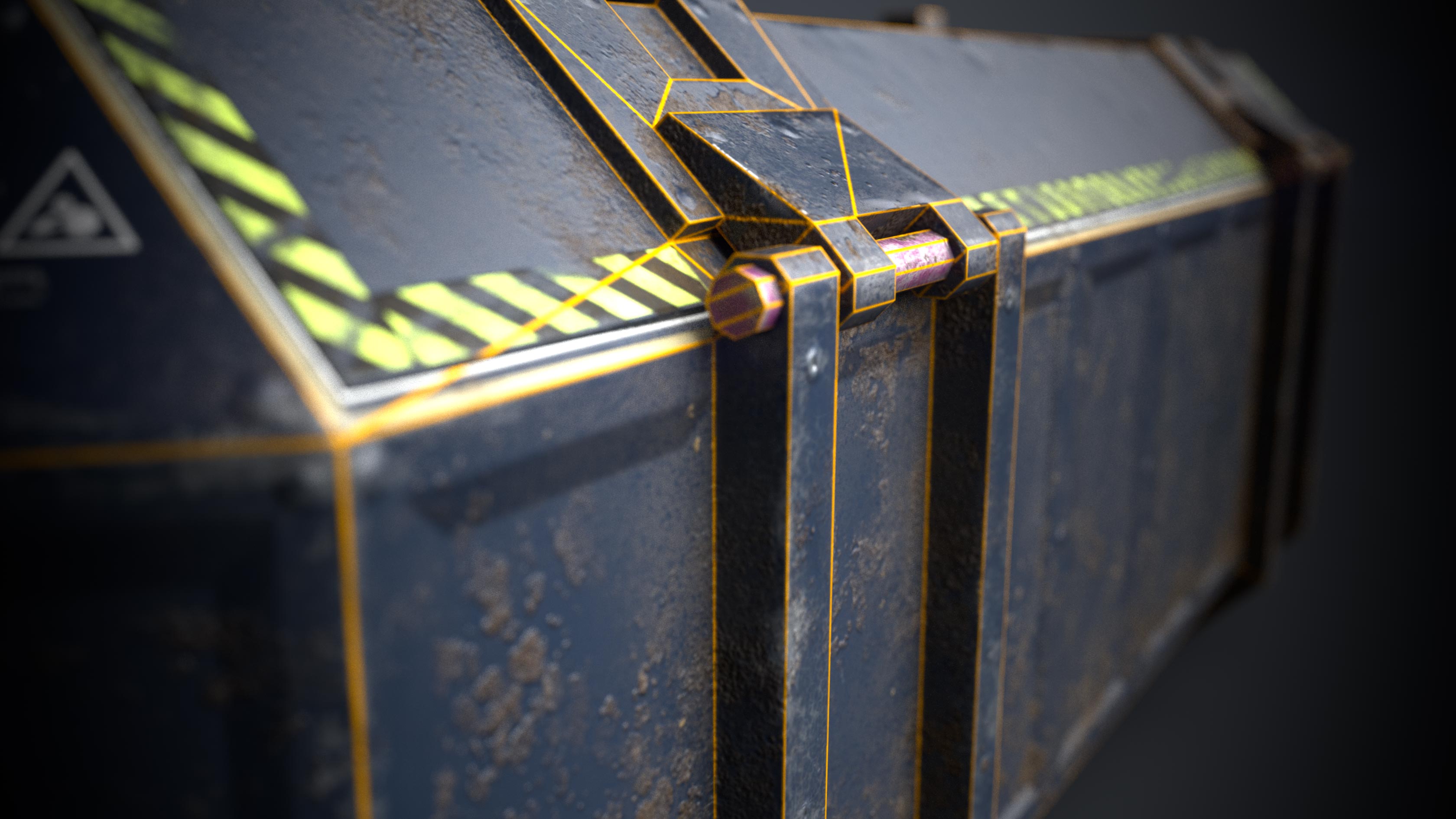 This is a close up rendering of the side of a sturdy but beaten blue and dusty 3D Sci fi crate or container with biometric technology. It is a 3D game object with 1098 triangles and a PBR texture. The rendering shows a close up of the wireframe or polygon flow of the hinges that opens the 3D sci fi crate. It is created by Thom Hujanen a university educated video game designer and 3D artist.
