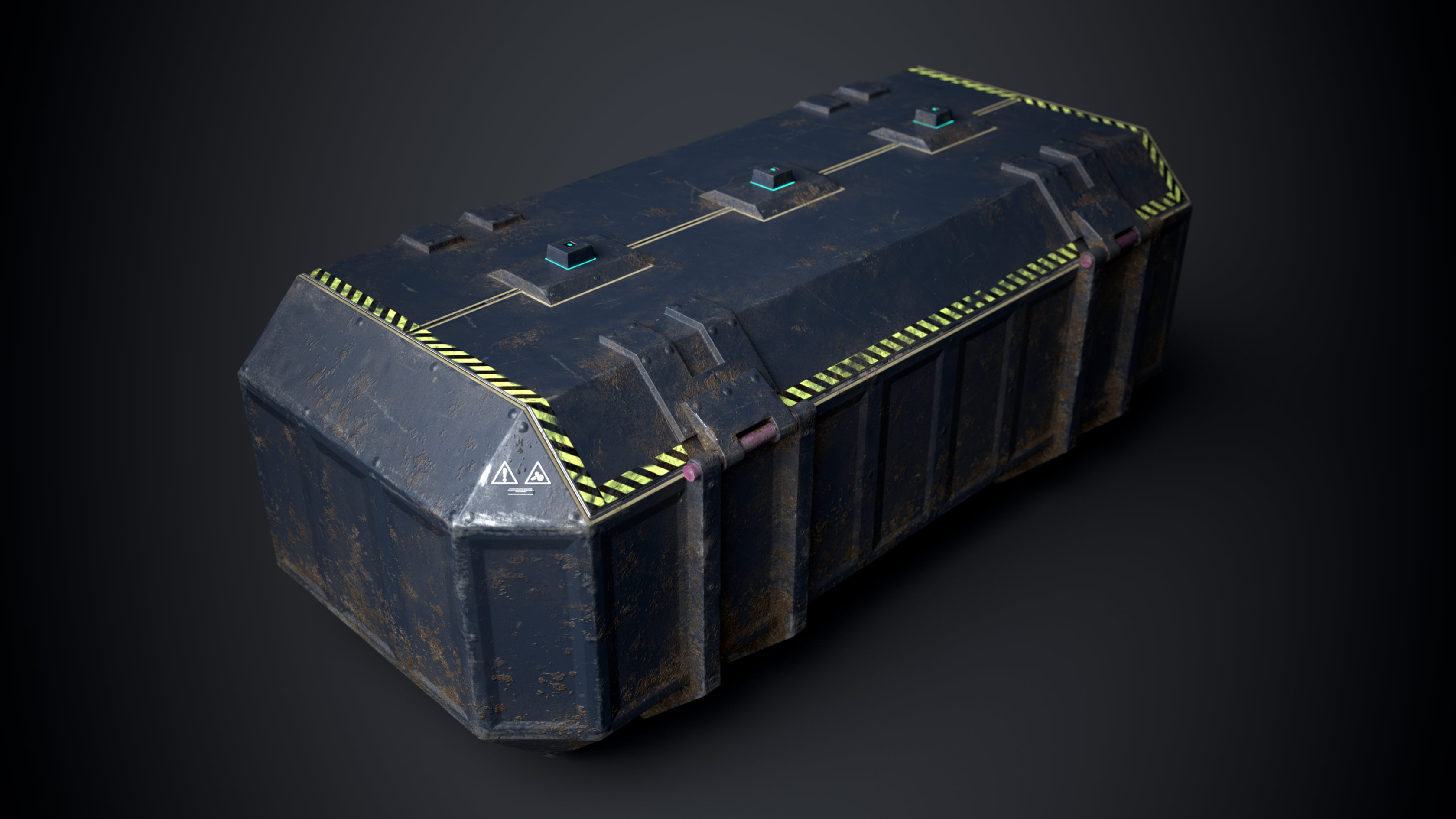 This is a sturdy but beaten blue and dirty 3D Sci fi crate or container with biometric technology. It is a 3D game model with 1098 triangles and a PBR texture. This is a top corner view of the 3D sci fi crate that shows its opening mechanism and warning signs. It is created by Thom Hujanen who is a university educated game designer and 3D artist.