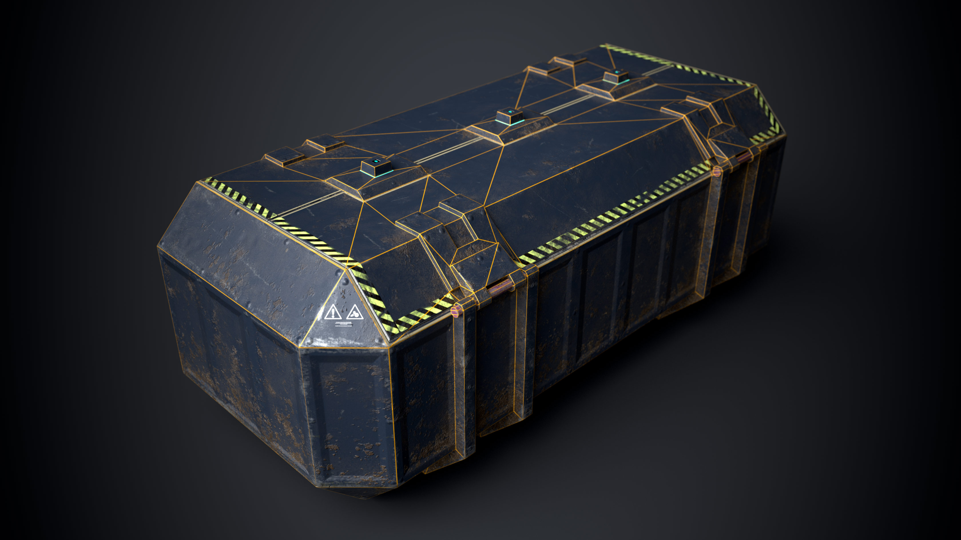 This is a sturdy but beaten blue and dirty 3D Sci fi crate or container with biometric technology. It is a 3D game model with 1098 triangles and a PBR texture. This is a top corner view of the 3D sci fi crate that shows its wireframe or polygon flow polyflow. It is created by Thom Hujanen who is a university educated video game designer and 3D artist.
