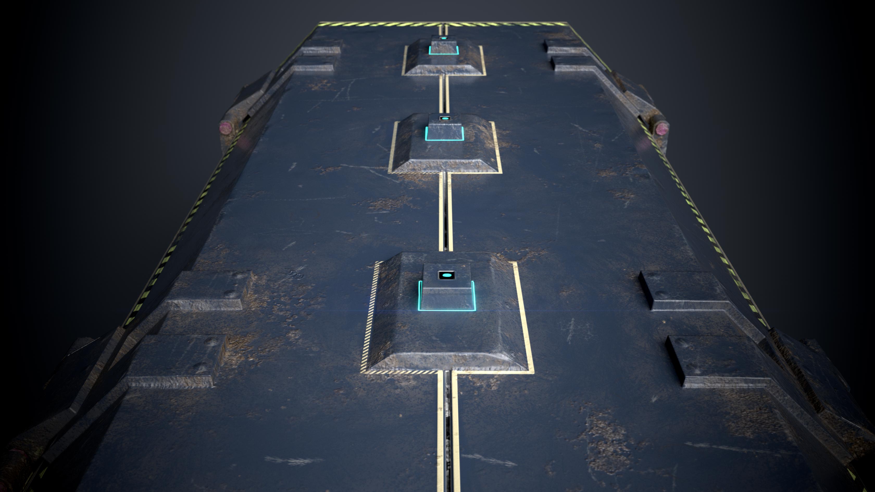 This is a close up rendering of a sturdy but beaten blue and dirty 3D Sci fi crate or container with biometric technology. It is a 3D game model with 1098 triangles and a PBR texture. This render shows the biometric opening system of the 3D sci fi crate. It is created by Thom Hujanen who is a university educated game designer and 3D artist.