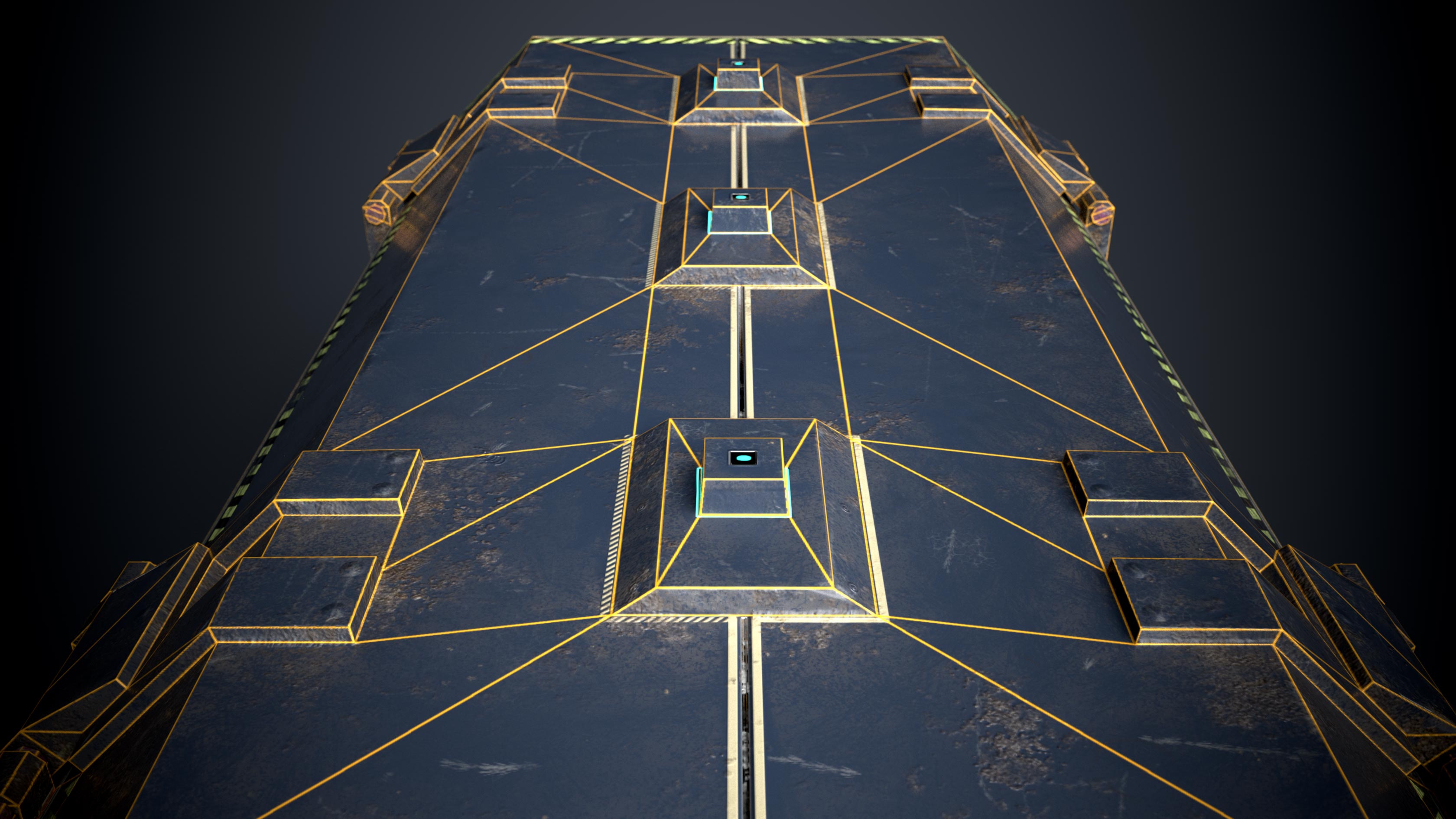 This is a close up rendering of a sturdy but beaten blue and dirty 3D Sci fi crate or container with biometric technology. It is a 3D game model with 1098 triangles and a PBR texture. This render shows the wireframe or polygon flow of the biometric opening system of the 3D sci fi crate. It is created by Thom Hujanen who is a university educated game designer and 3D artist.