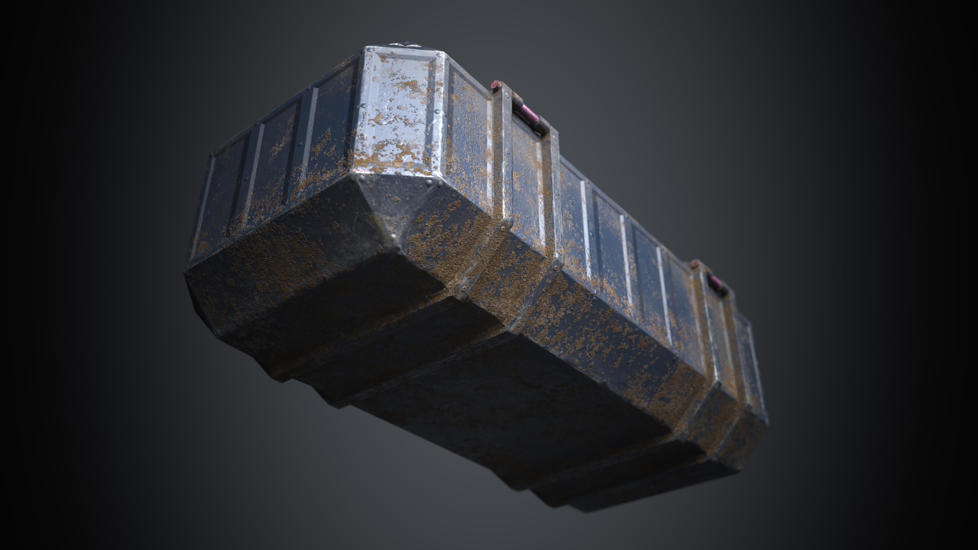 This is a rendering of the bottom of a sturdy but beaten blue and dusty 3D Sci fi crate or container with biometric technology. It is a 3D game object with 1098 triangles and a PBR texture. The rendering shows the bottom of the crate that is covered with mud and dirt on the 3D sci fi crate. It is created by Thom Hujanen a university educated video game designer and 3D artist.