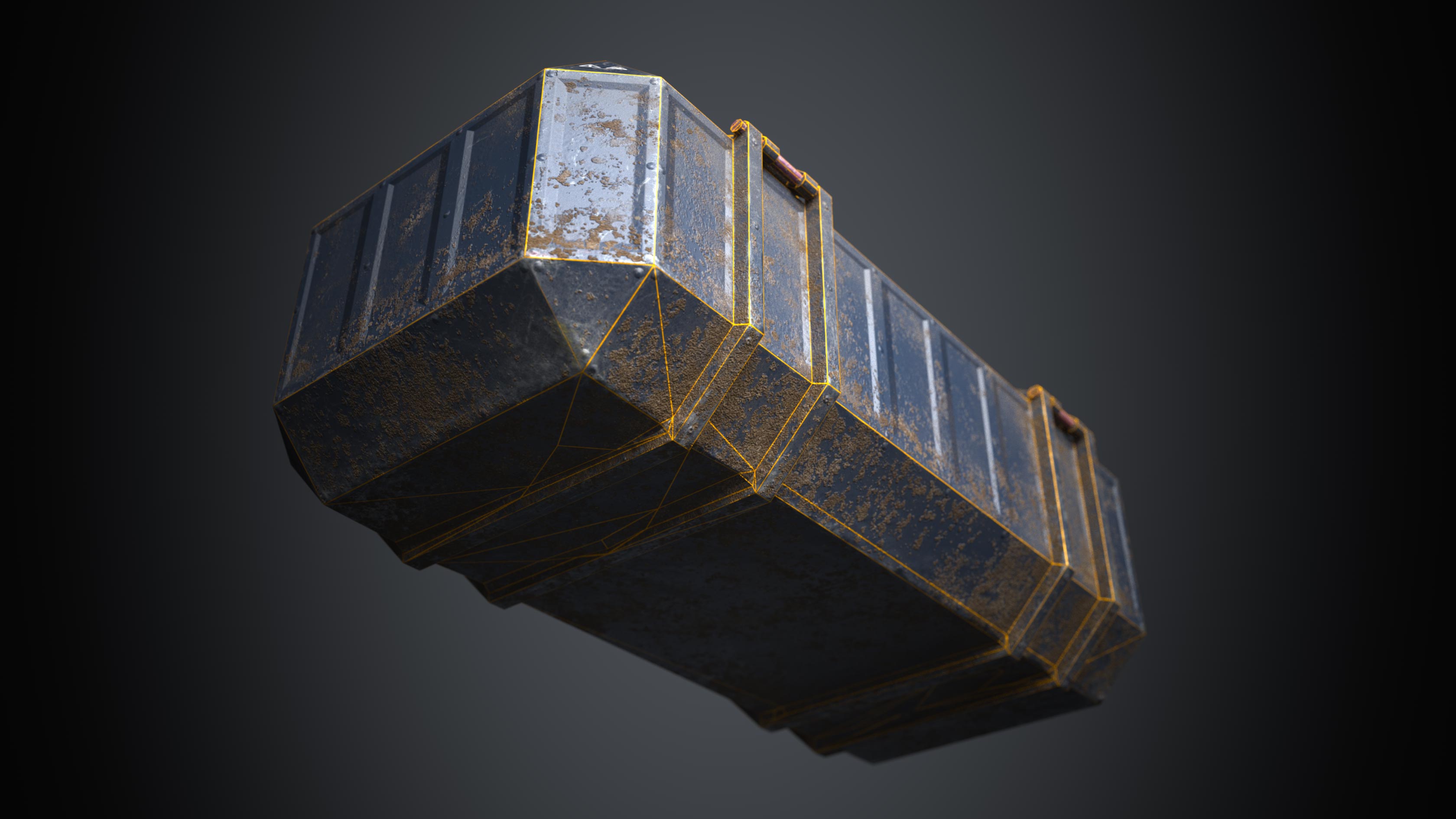 This is a rendering of the bottom of a sturdy but beaten blue and dusty 3D Sci fi crate or container with biometric technology. It is a 3D game object with 1098 triangles and a PBR texture. The rendering shows the wireframe or polygon flow of the bottom of the crate that is covered with mud and dirt on the 3D sci fi crate. It is created by Thom Hujanen a university educated video game designer and 3D artist.