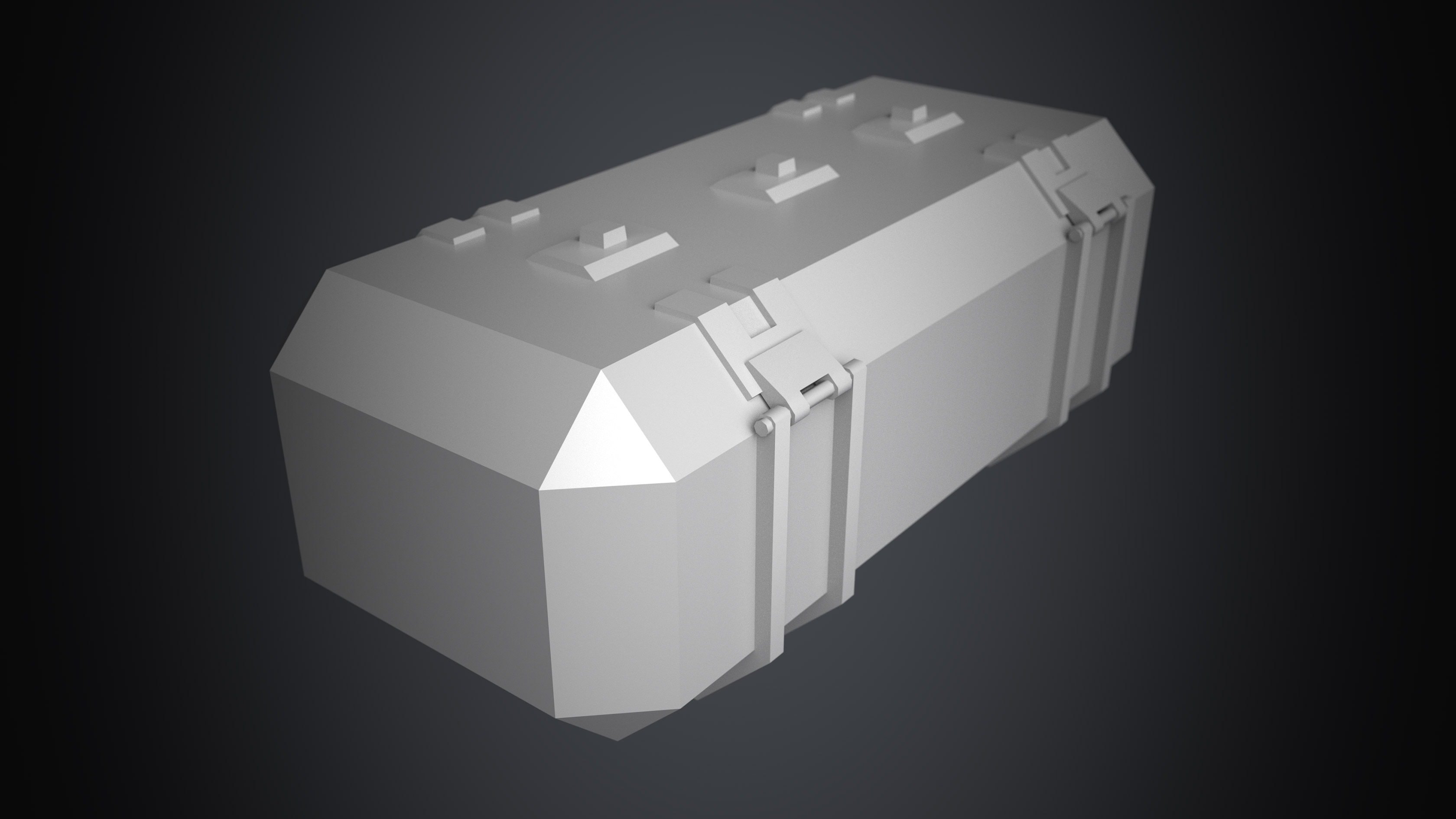 3D Sci fi crate or container with biometrics technology. This is a 3D game model with 1098 triangles without texture. This is a top corner view of the 3D sci fi crate. It is created by Thom Hujanen who is a university educated game designer and 3D artist.