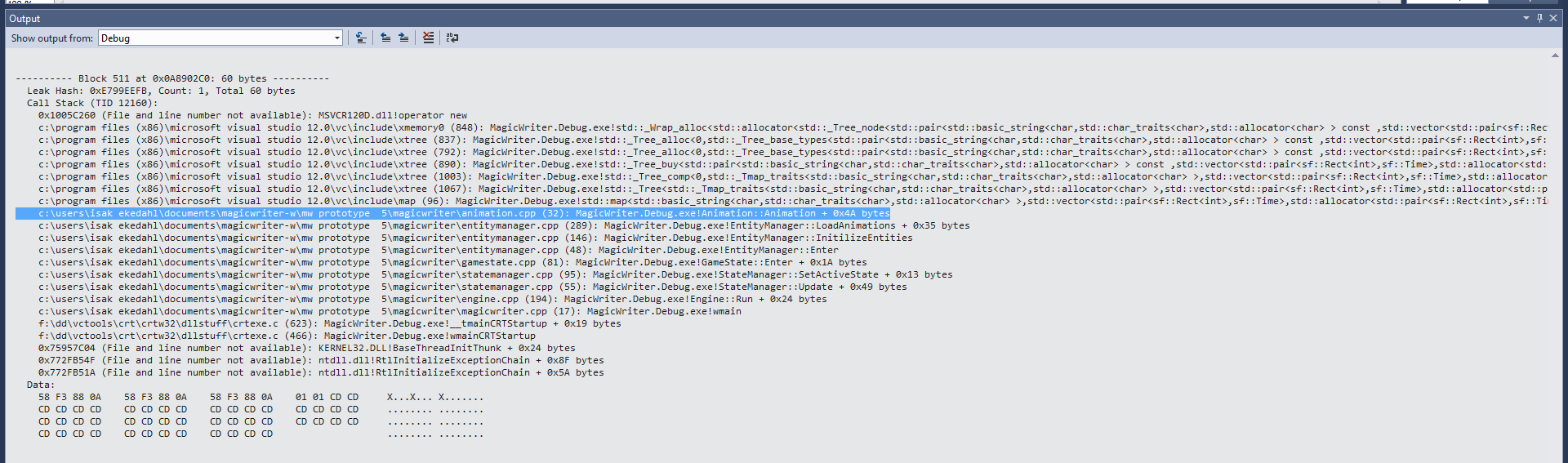 Output from visual leak detector.