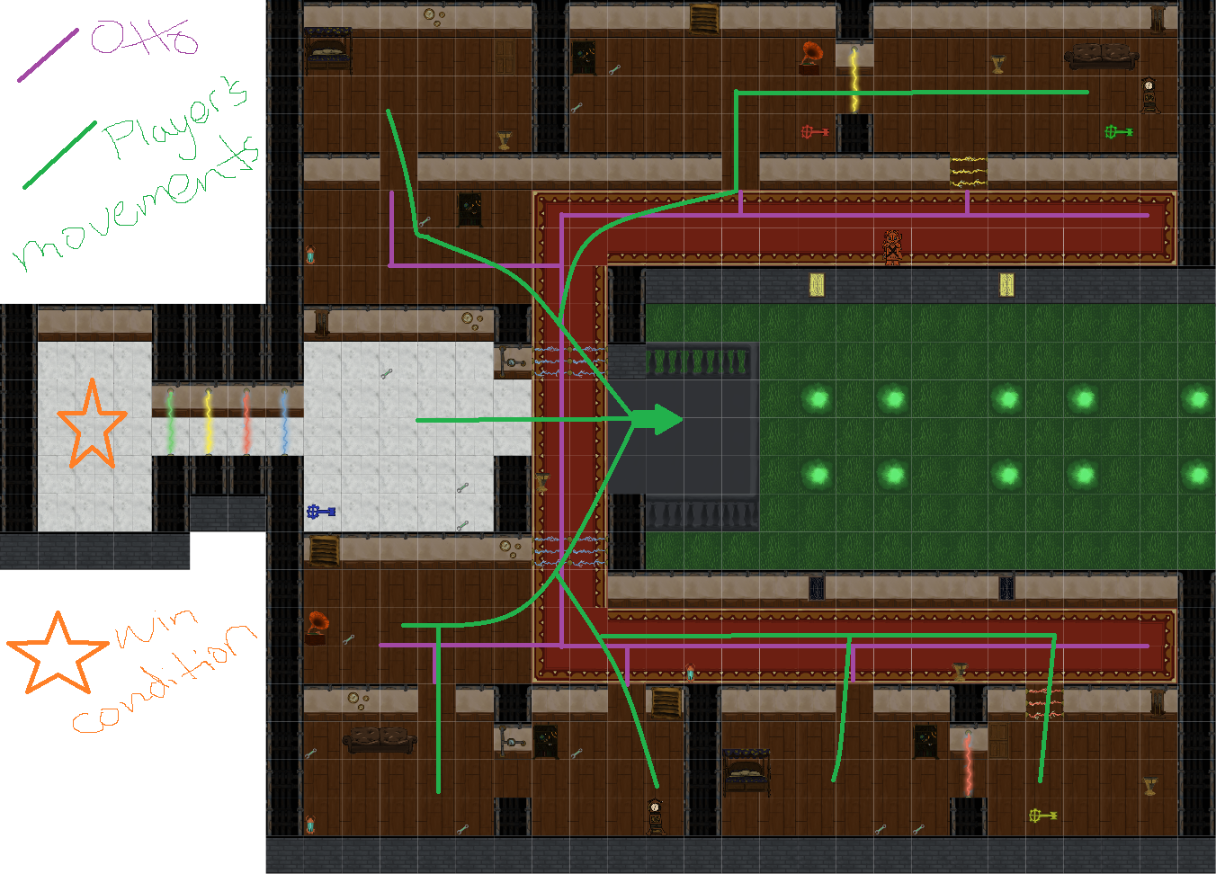 Player's movements in green, the enemy's patrol in purple.