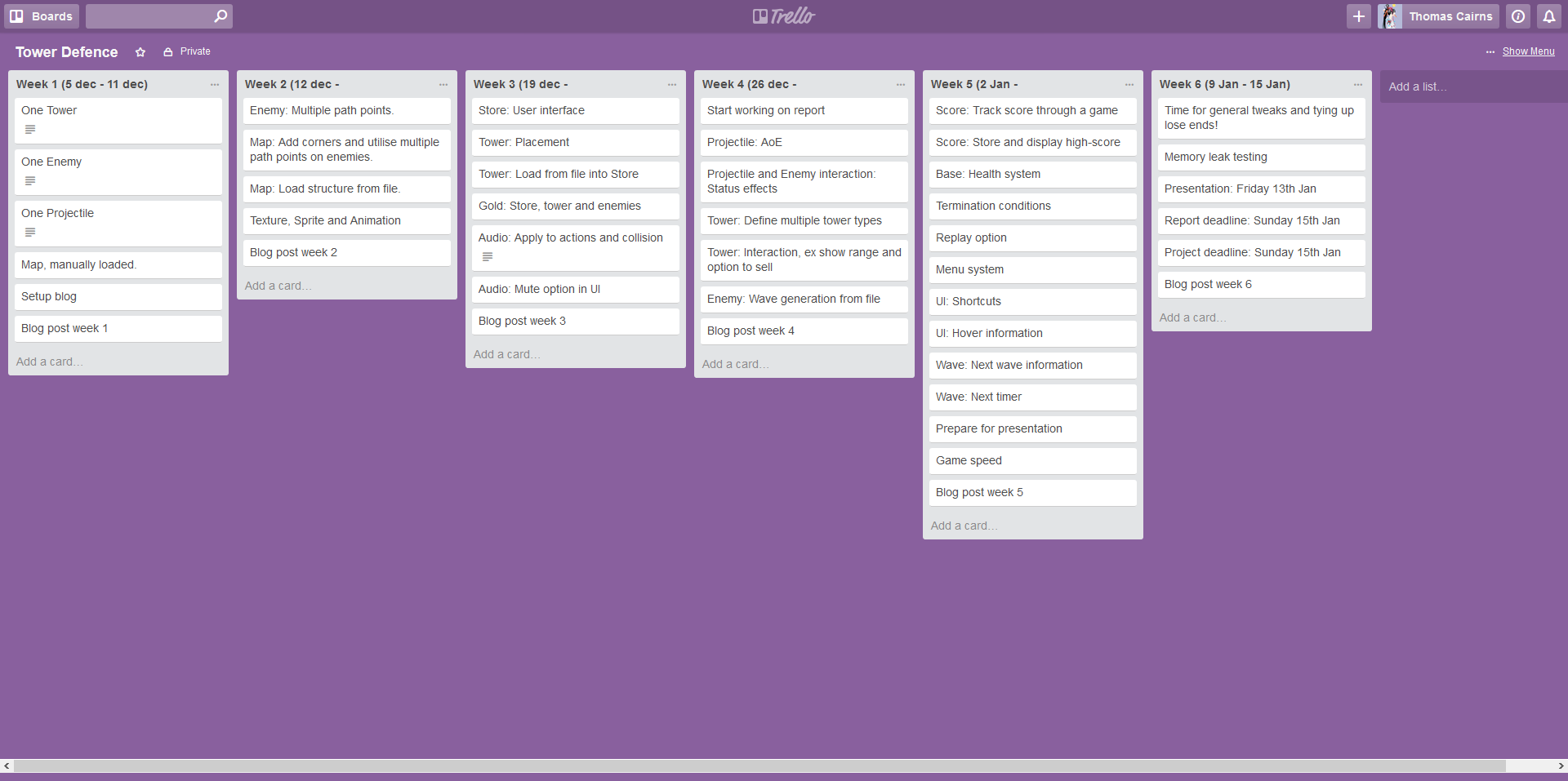 Tasks grouped into week based columns